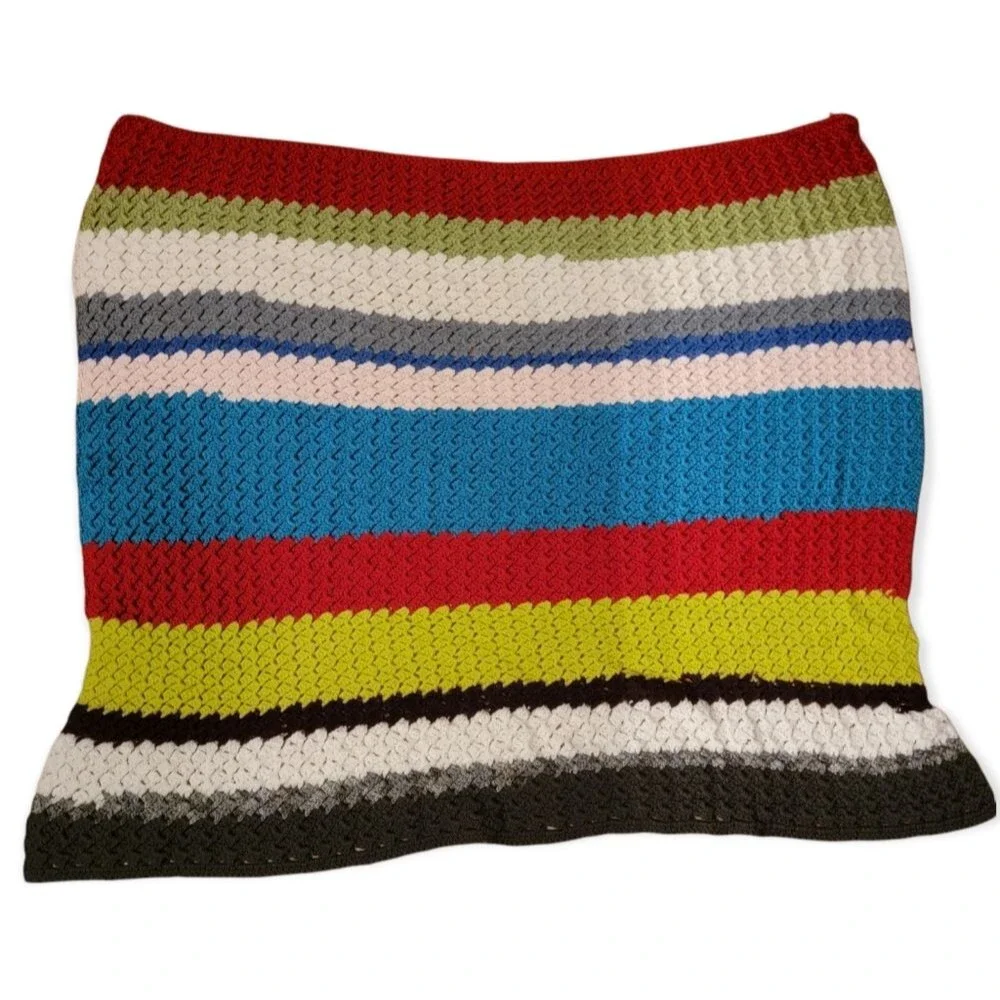 Vintage Granny Crochet Afghan Throw baby Blanket Handmade Multi Color striped
